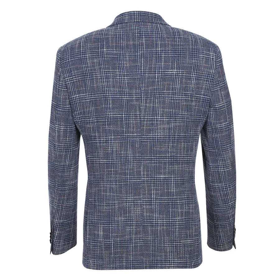 Mens Slim Fit Two Button Wool & Linen Sport Coat Blazer in Blue Windowpane Plaid - Image 3