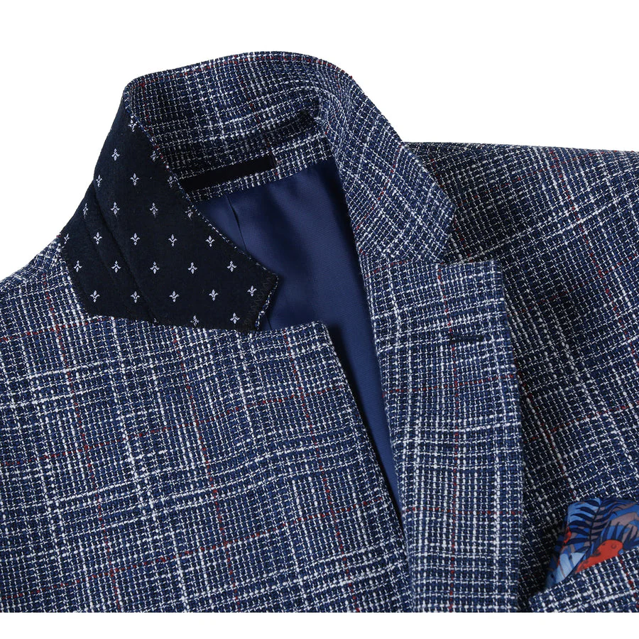 Mens Slim Fit Two Button Wool & Linen Sport Coat Blazer in Blue Windowpane Plaid - Image 4