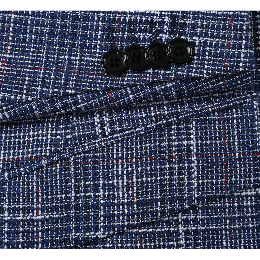Mens Slim Fit Two Button Wool & Linen Sport Coat Blazer in Blue Windowpane Plaid - Image 5