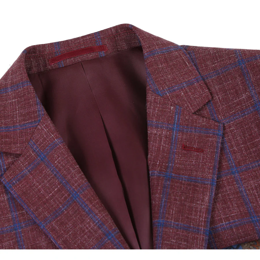 Mens Slim Fit Two Button Wool Sport Coat Blazer in Burgundy & Blue Windowpane Plaid - Image 2