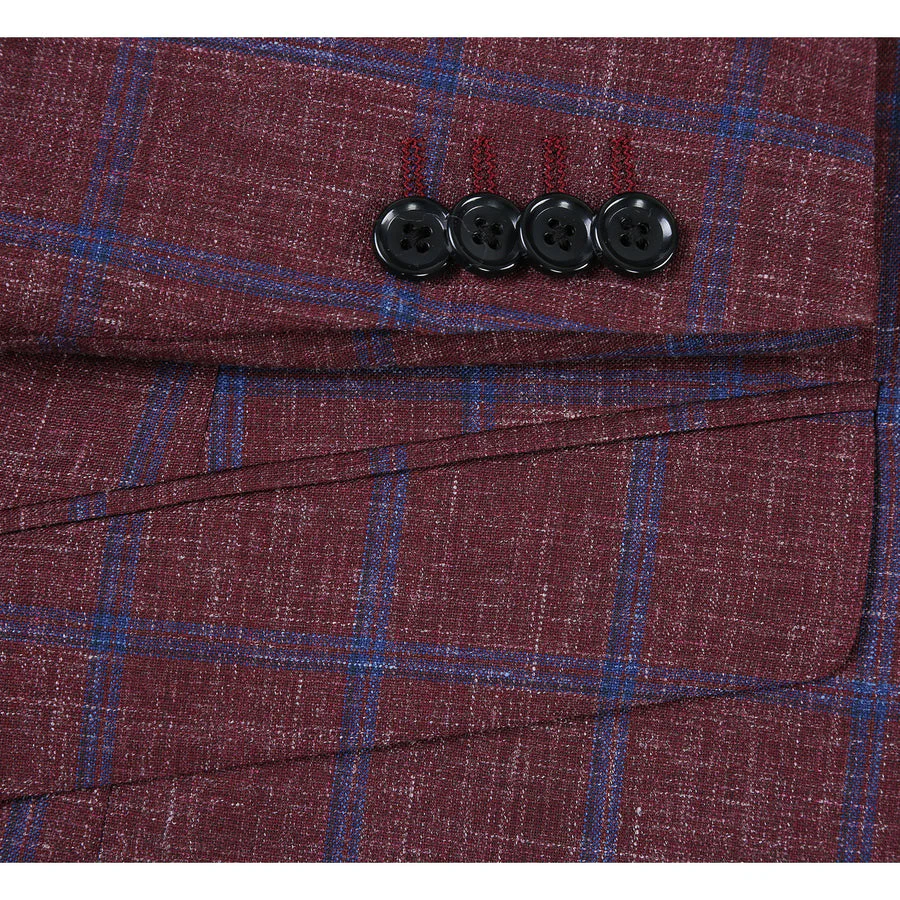 Mens Slim Fit Two Button Wool Sport Coat Blazer in Burgundy & Blue Windowpane Plaid - Image 3