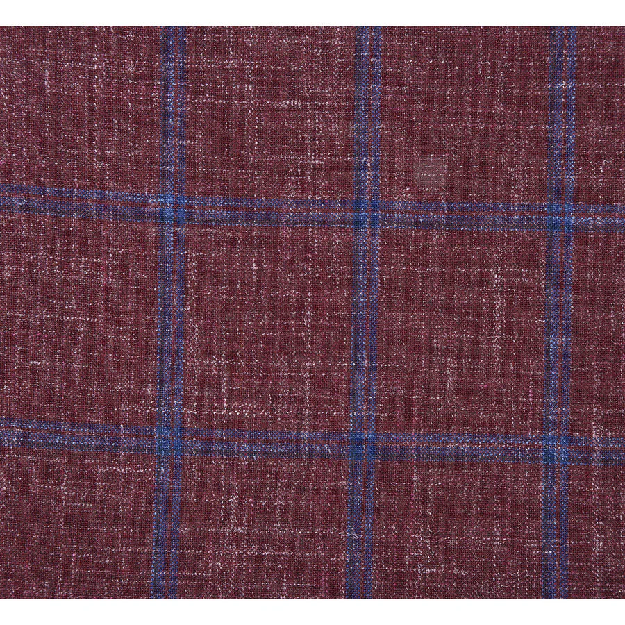 Mens Slim Fit Two Button Wool Sport Coat Blazer in Burgundy & Blue Windowpane Plaid - Image 4