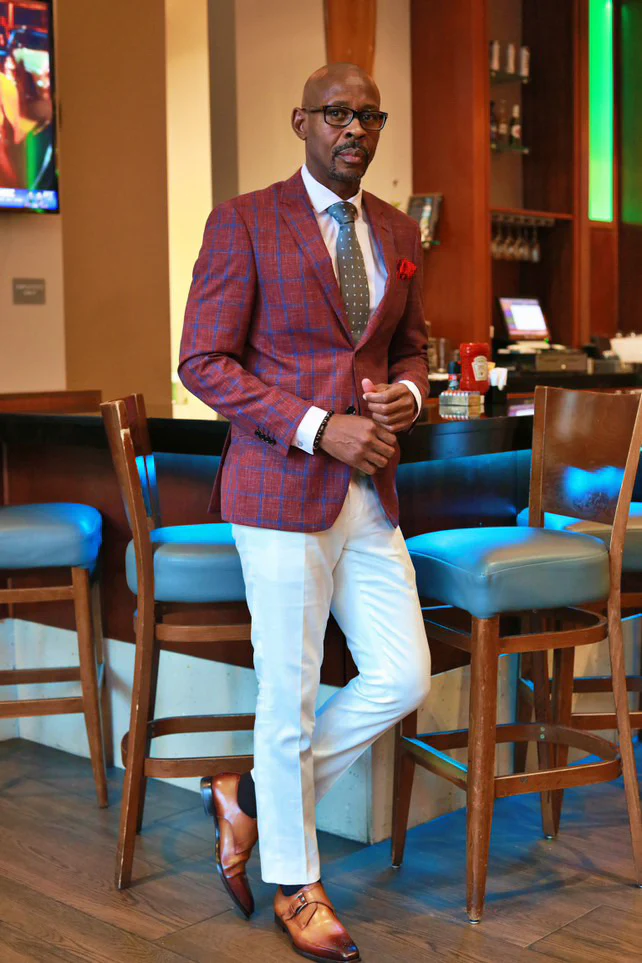 Mens Slim Fit Two Button Wool Sport Coat Blazer in Burgundy & Blue Windowpane Plaid - Image 5