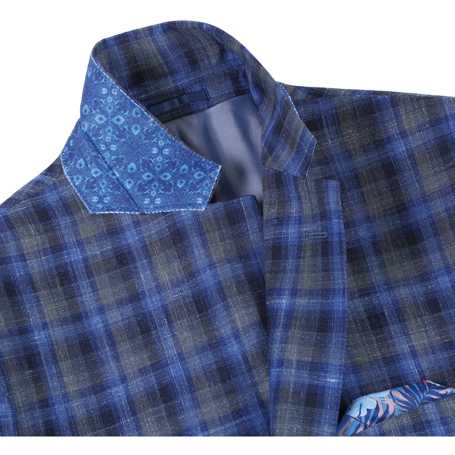 Mens Slim Fit Two Button Wool Sport Coat Blazer in Navy Blue & Grey Windowpane Plaid - Image 2