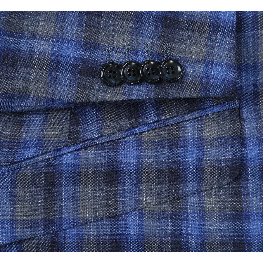Mens Slim Fit Two Button Wool Sport Coat Blazer in Navy Blue & Grey Windowpane Plaid - Image 3