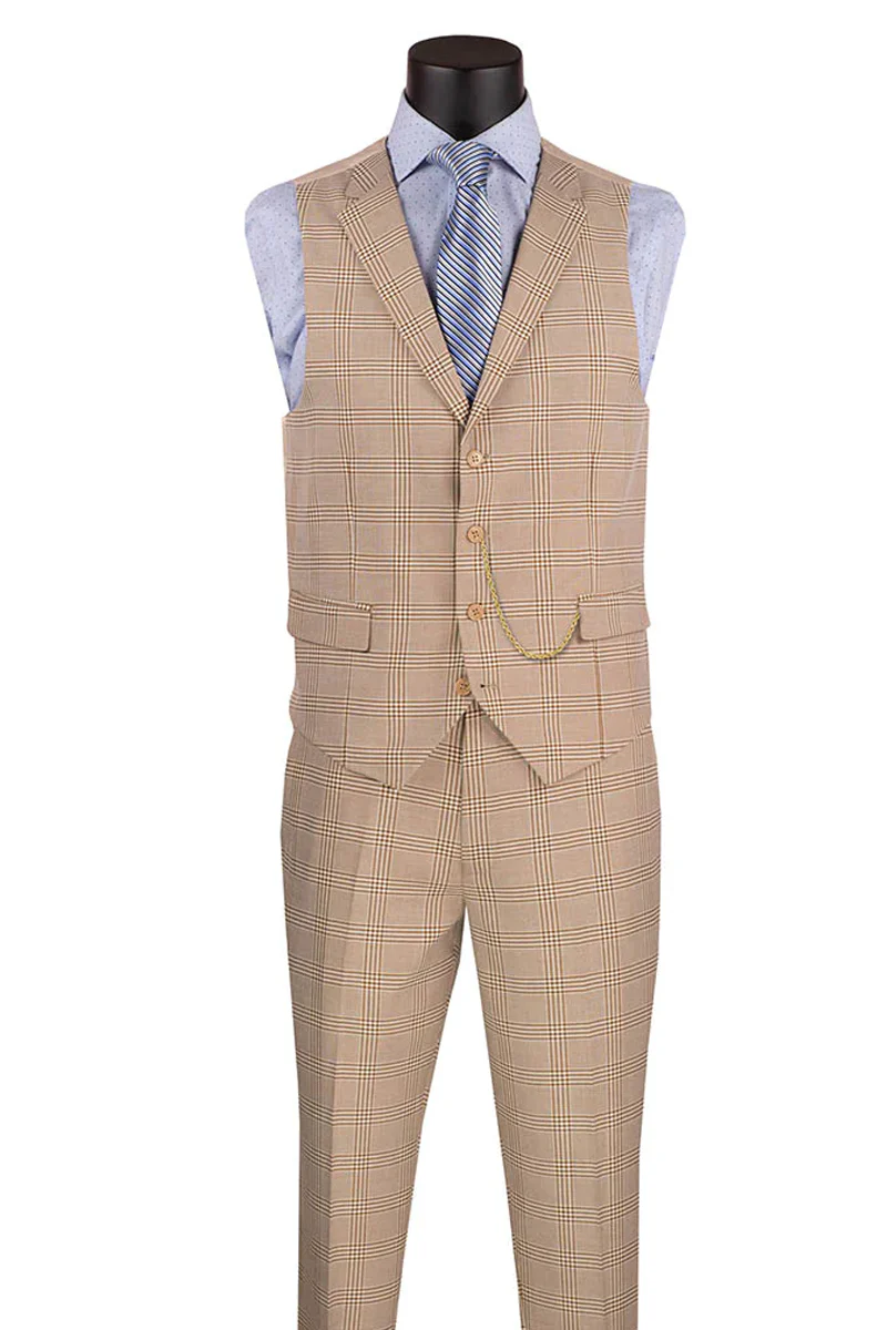 Men's Slim Fit Vested Glen Plaid Summer Business Suit in Beige - Image 2