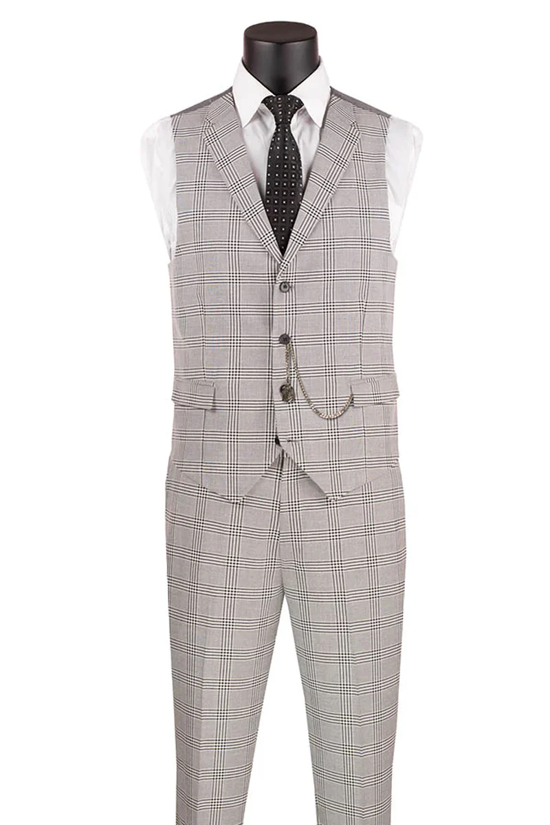 Men's Slim Fit Vested Glen Plaid Summer Business Suit in Light Grey - Image 2