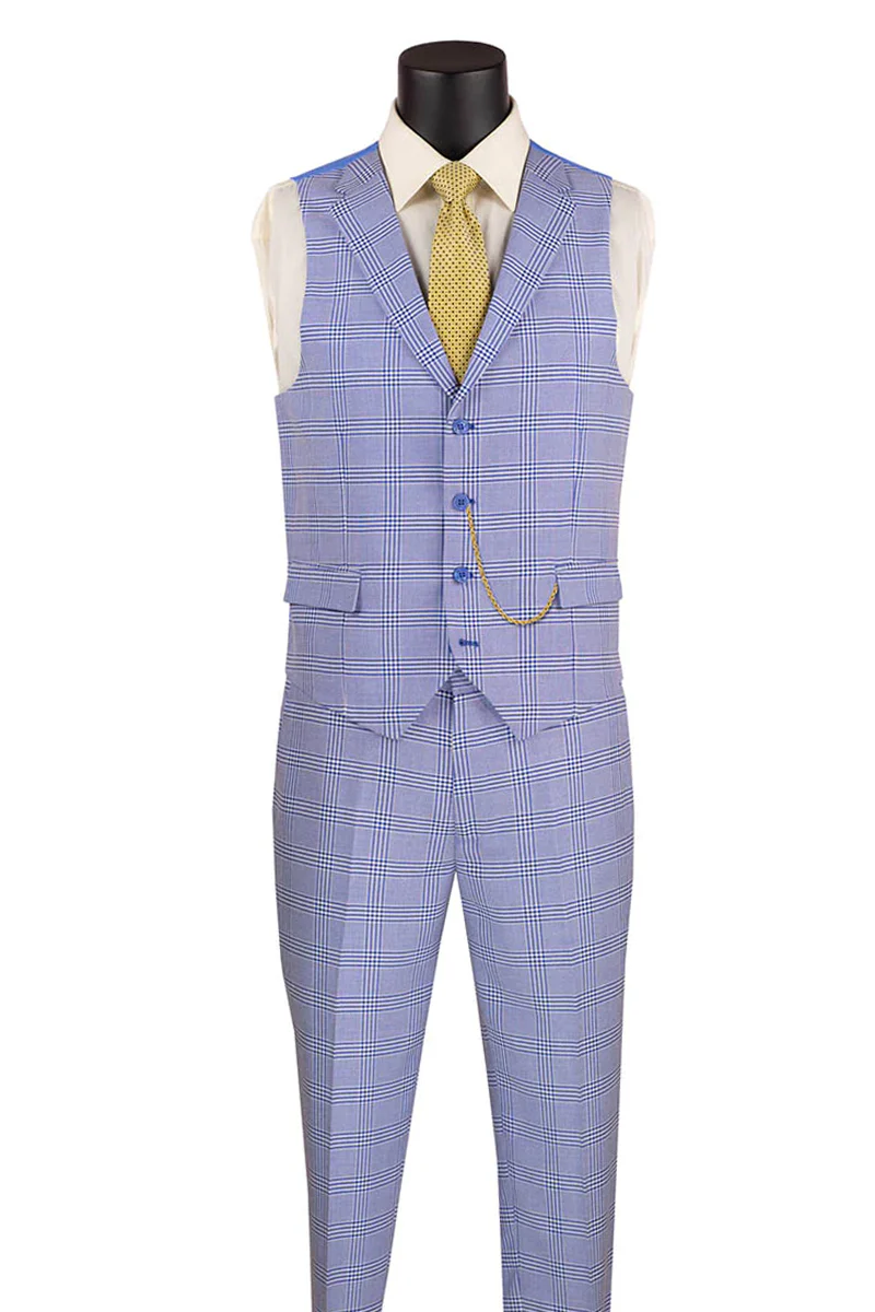 Men's Slim Fit Vested Glen Plaid Summer Business Suit in Sky Blue - Image 2