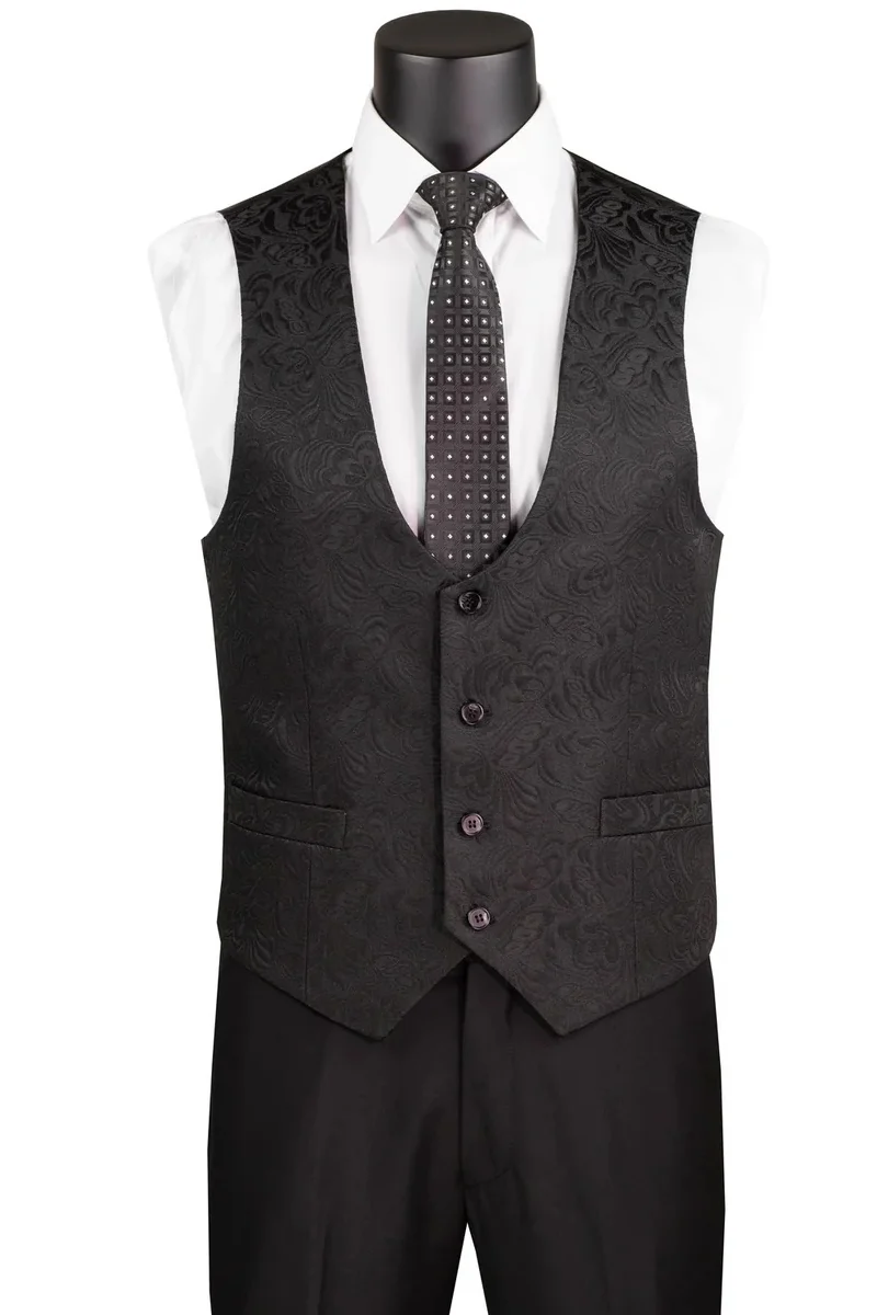 Men's Slim Fit Vested Paisley Wedding Tuxedo in Black - Image 2