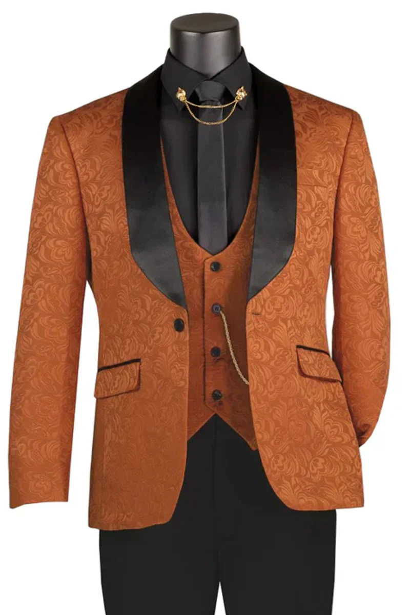 Men's Slim Fit Vested Paisley Wedding Tuxedo in Orange Rust
