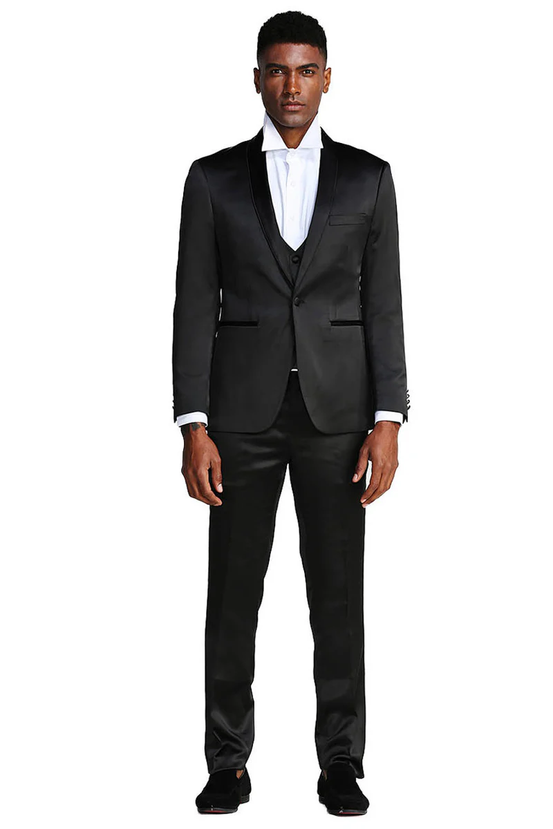 Men's Slim Fit Vested Shiny Satin Prom & Wedding Tuxedo Suit in Black - Image 2
