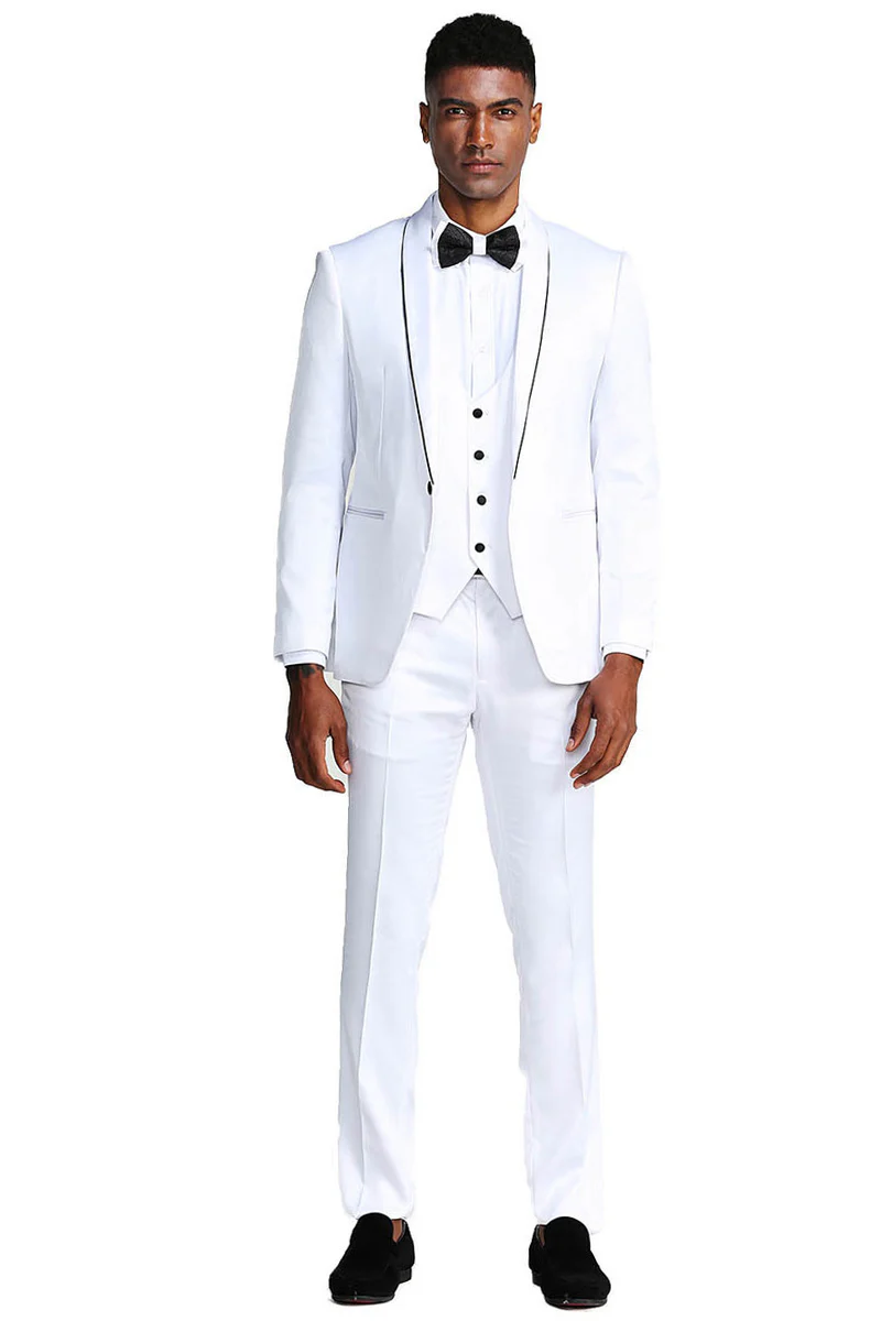 Men's Slim Fit Vested Shiny Satin Prom & Wedding Tuxedo Suit in White - Image 2