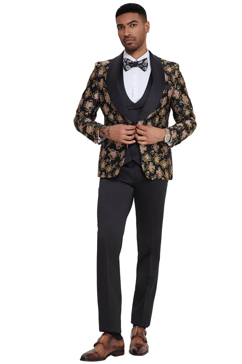 Men's Slim Fit Vested Wedding & Prom Shawl Lapel Paisley Tuxedo in Black & Red - Image 2