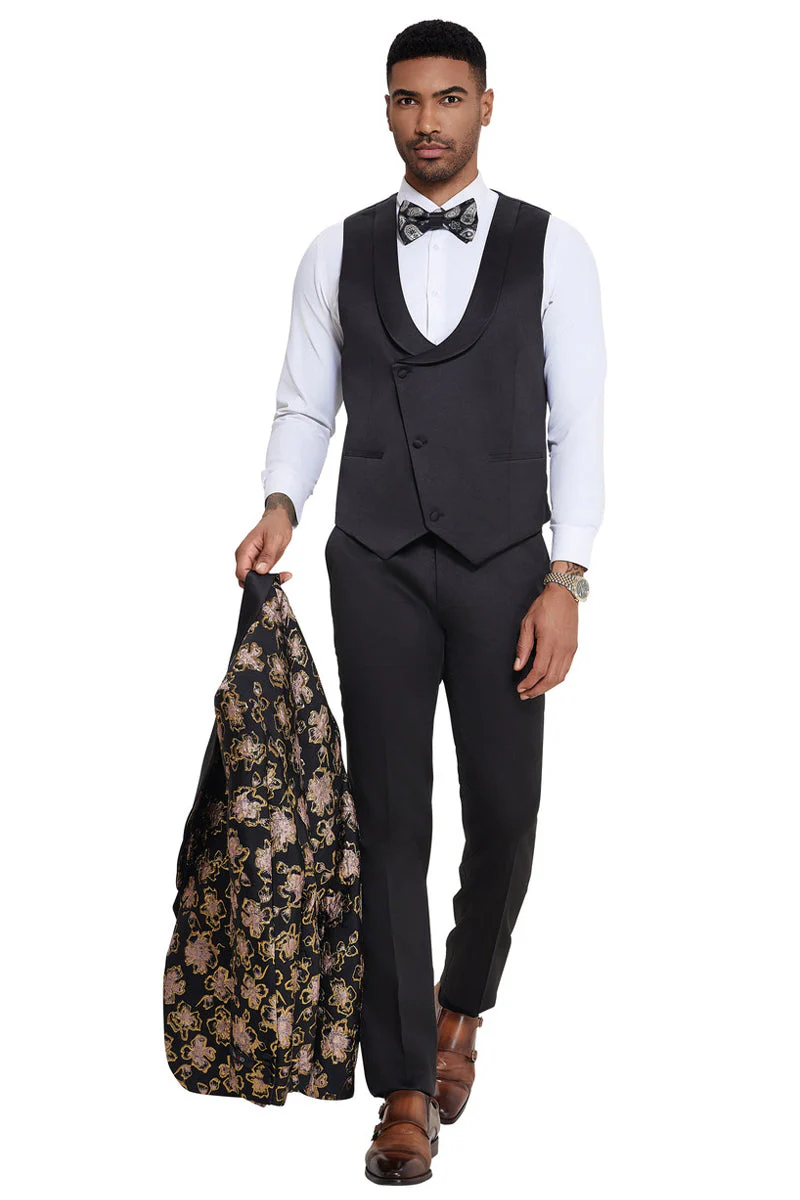 Men's Slim Fit Vested Wedding & Prom Shawl Lapel Paisley Tuxedo in Black & Red - Image 3