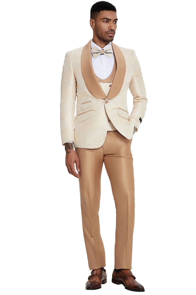 Men's Slim Fit Vested Wedding & Prom Shawl Lapel Paisley Tuxedo in Gold - Image 2