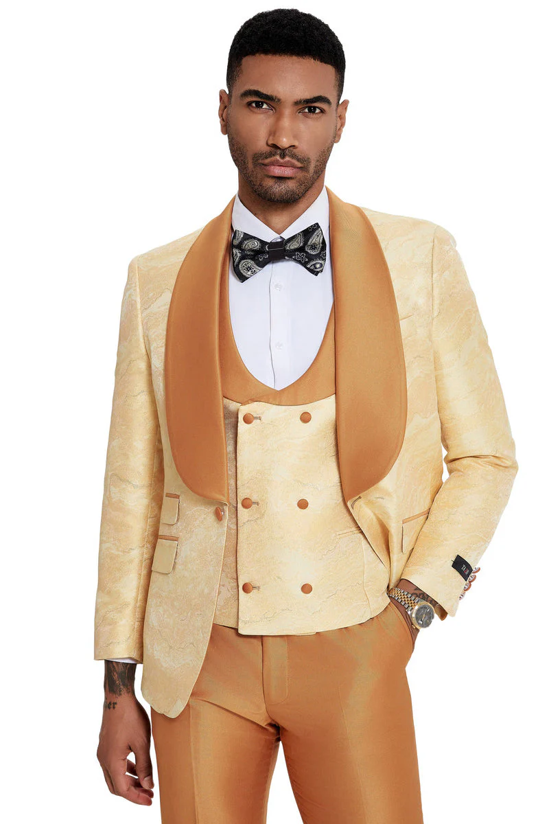 Men's Slim Fit Vested Wedding & Prom Shawl Lapel Paisley Tuxedo in Gold - Image 3