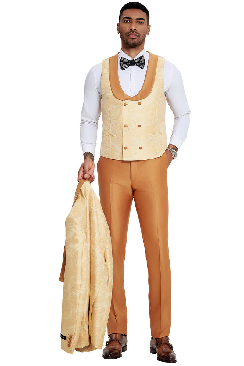 Men's Slim Fit Vested Wedding & Prom Shawl Lapel Paisley Tuxedo in Gold - Image 4