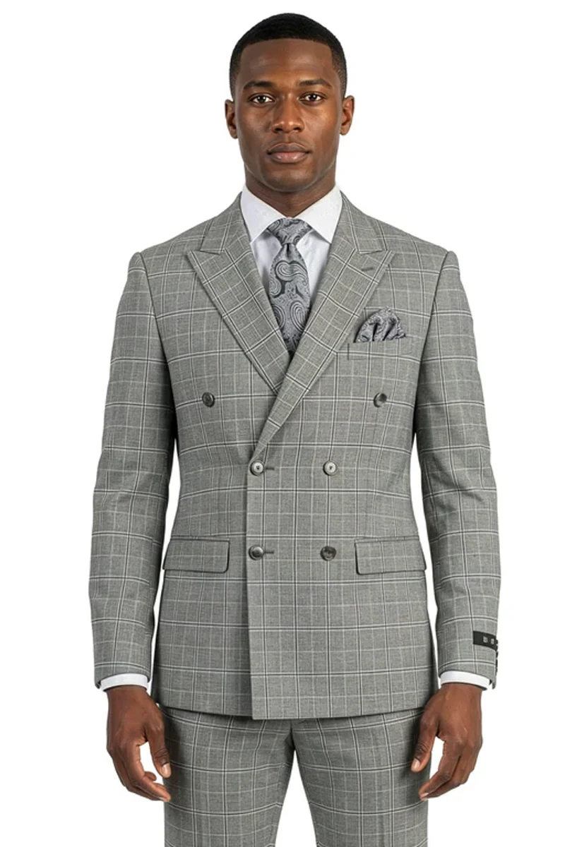 Men's Stacy Adams Double Breasted Suit in Light Grey Windowpane Plaid