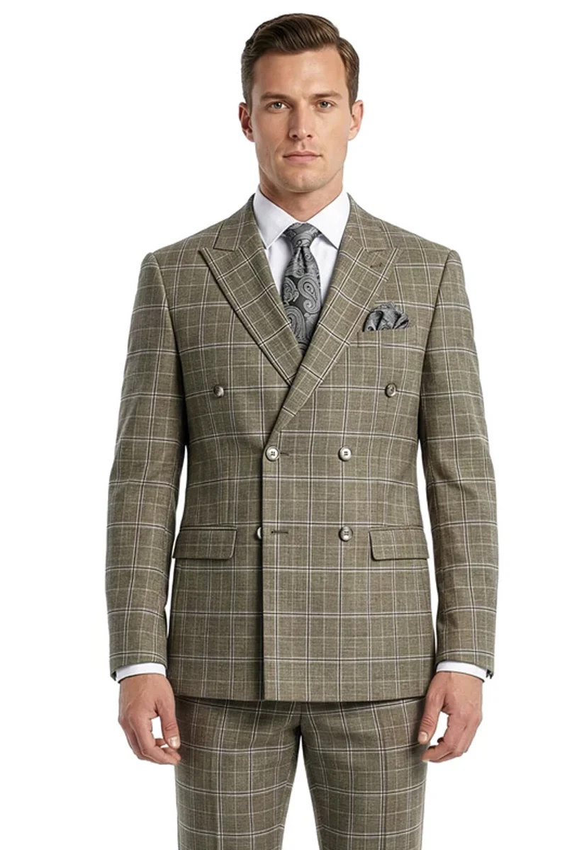 Men's Stacy Adams Double Breasted Suit in Taupe Windowpane Plaid