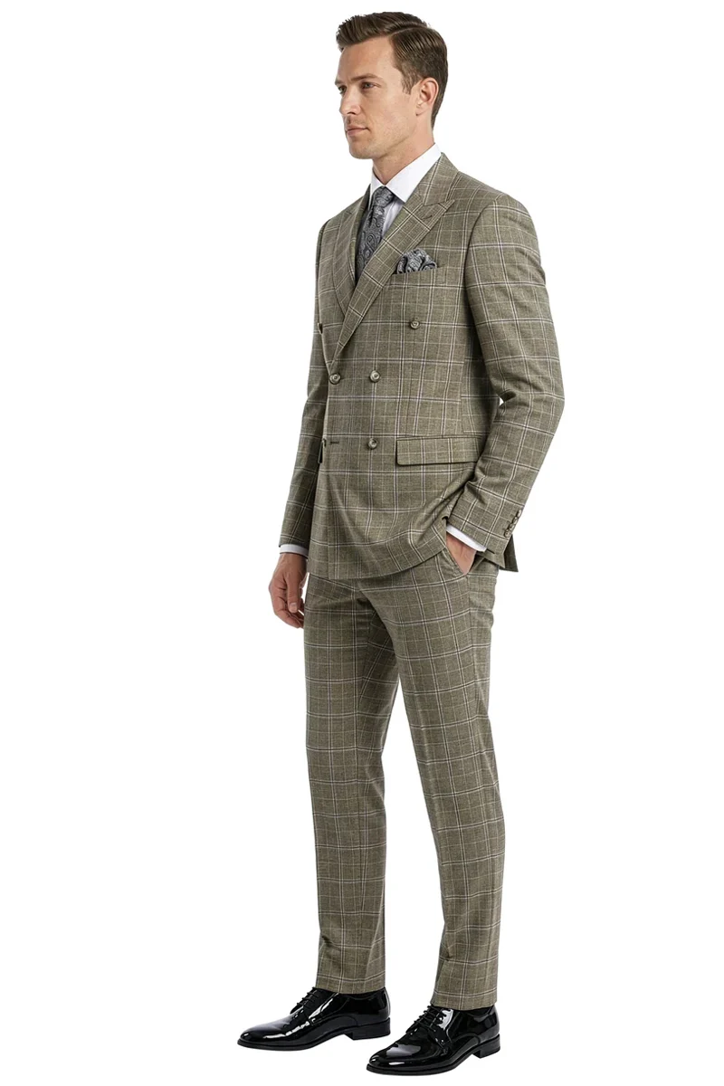 Men's Stacy Adams Double Breasted Suit in Taupe Windowpane Plaid - Image 2