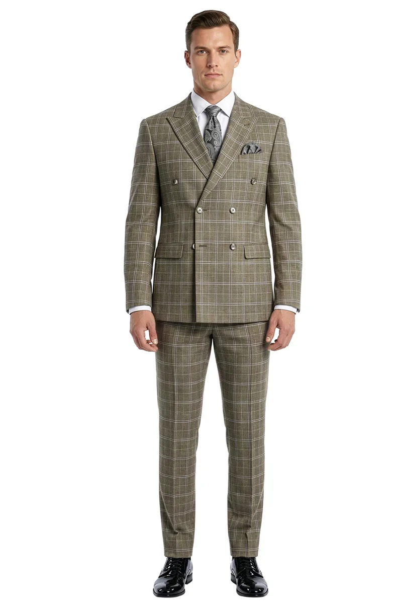 Men's Stacy Adams Double Breasted Suit in Taupe Windowpane Plaid - Image 3