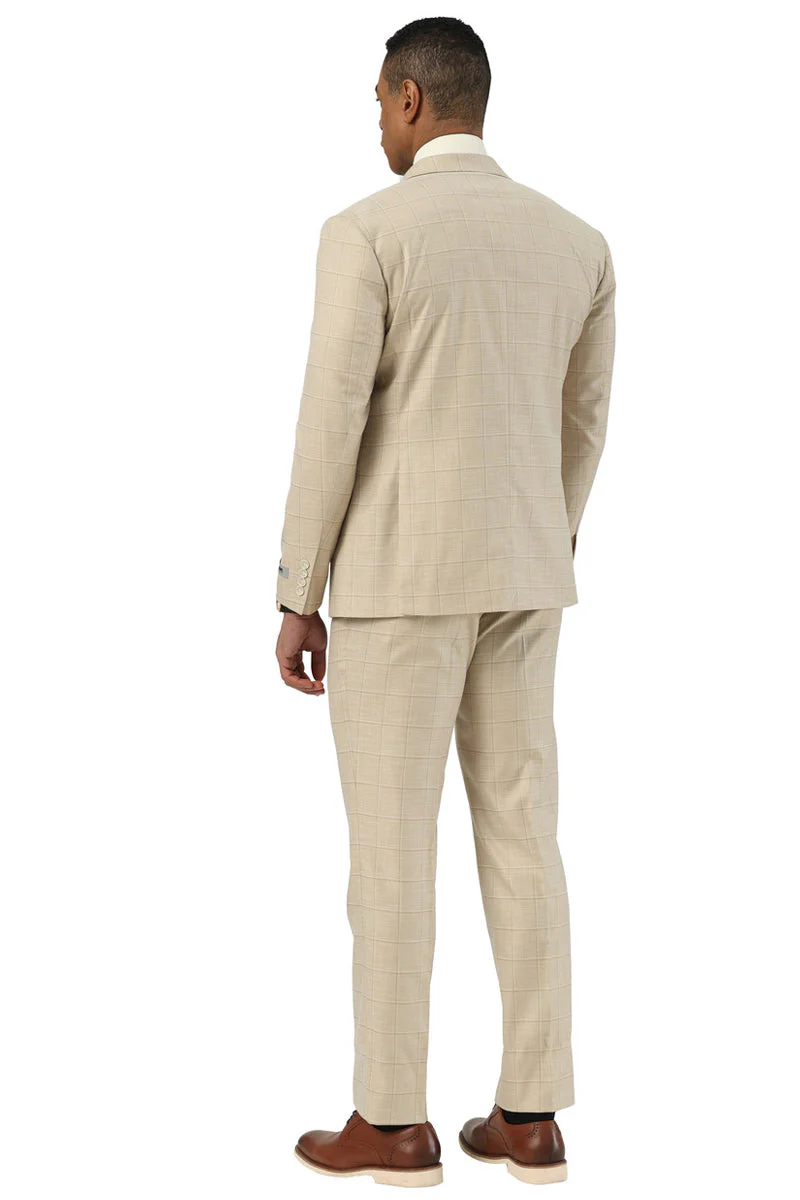 Men's Stacy Adams Double Breasted Summer Suit in Beige Windowpane Plaid - Image 4