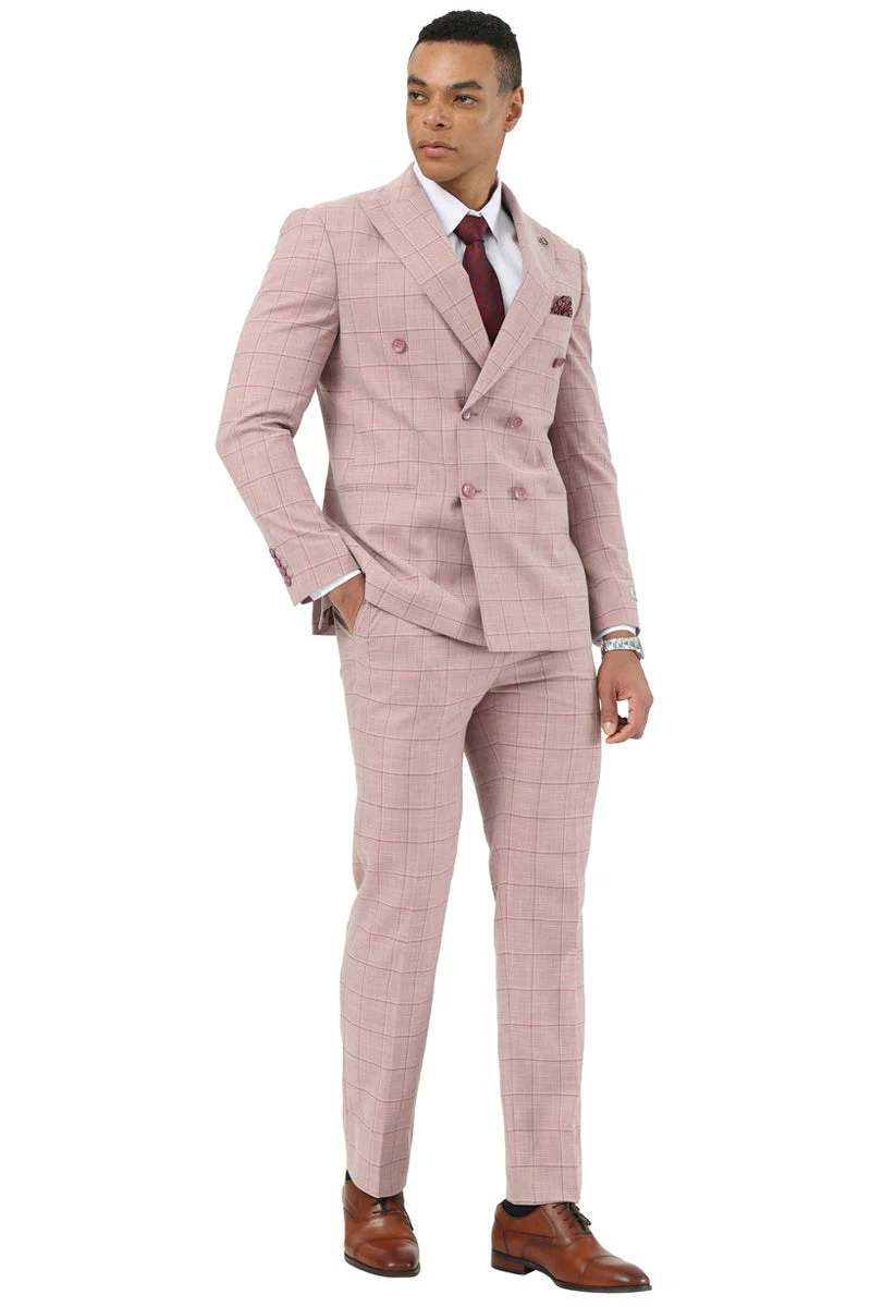 Men's Stacy Adams Double Breasted Summer Suit in Pink Windowpane Plaid - Image 2