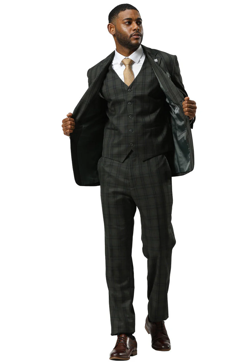 Men's Stacy Adams Modern Fit Vested Suit in Dark Hunter Green Double Windowpane Plaid - Image 3