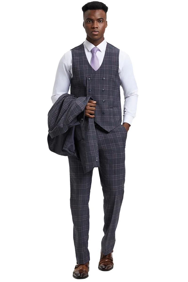Men's Stacy Adams One Button Peak Lapel Double Breasted Vest Suit in Charcoal Grey Plaid - Image 4