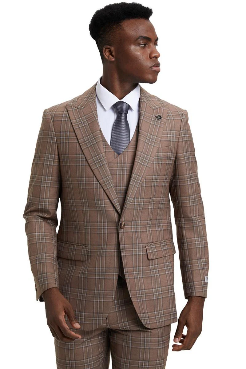 Men's Stacy Adams One Button Peak Lapel Double Breasted Vest Suit in Light Brown Plaid - Image 5