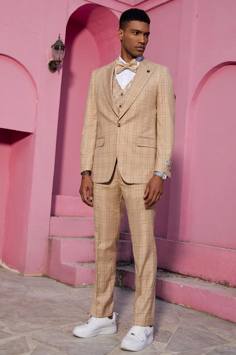 Men's Stacy Adam's One Button Peak Lapel Plaid Suit with Paisley Vest & Bow Tie in Khaki - Image 2