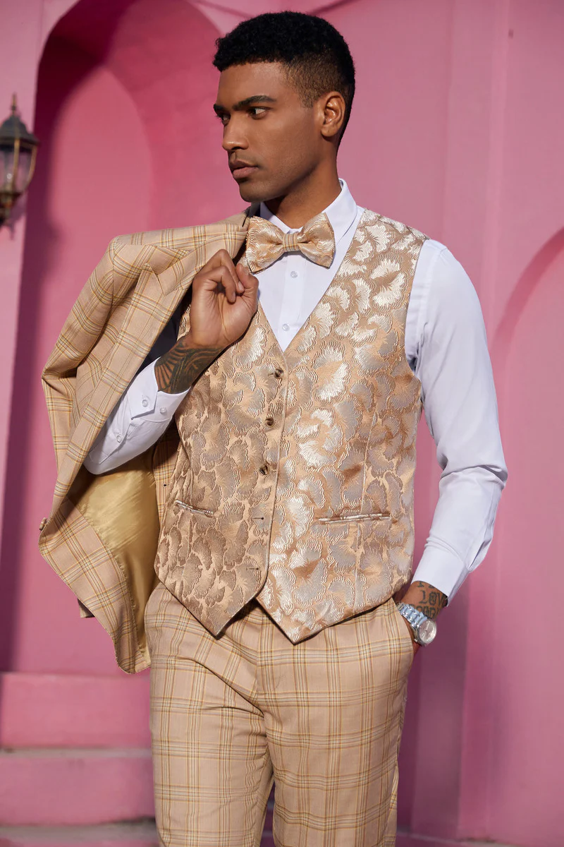 Men's Stacy Adam's One Button Peak Lapel Plaid Suit with Paisley Vest & Bow Tie in Khaki - Image 3
