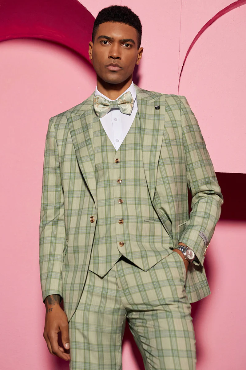 Men's Stacy Adam's One Button Peak Lapel Plaid Suit with Paisley Vest & Bow Tie in Sage Green