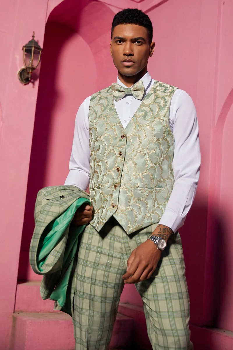Men's Stacy Adam's One Button Peak Lapel Plaid Suit with Paisley Vest & Bow Tie in Sage Green - Image 2