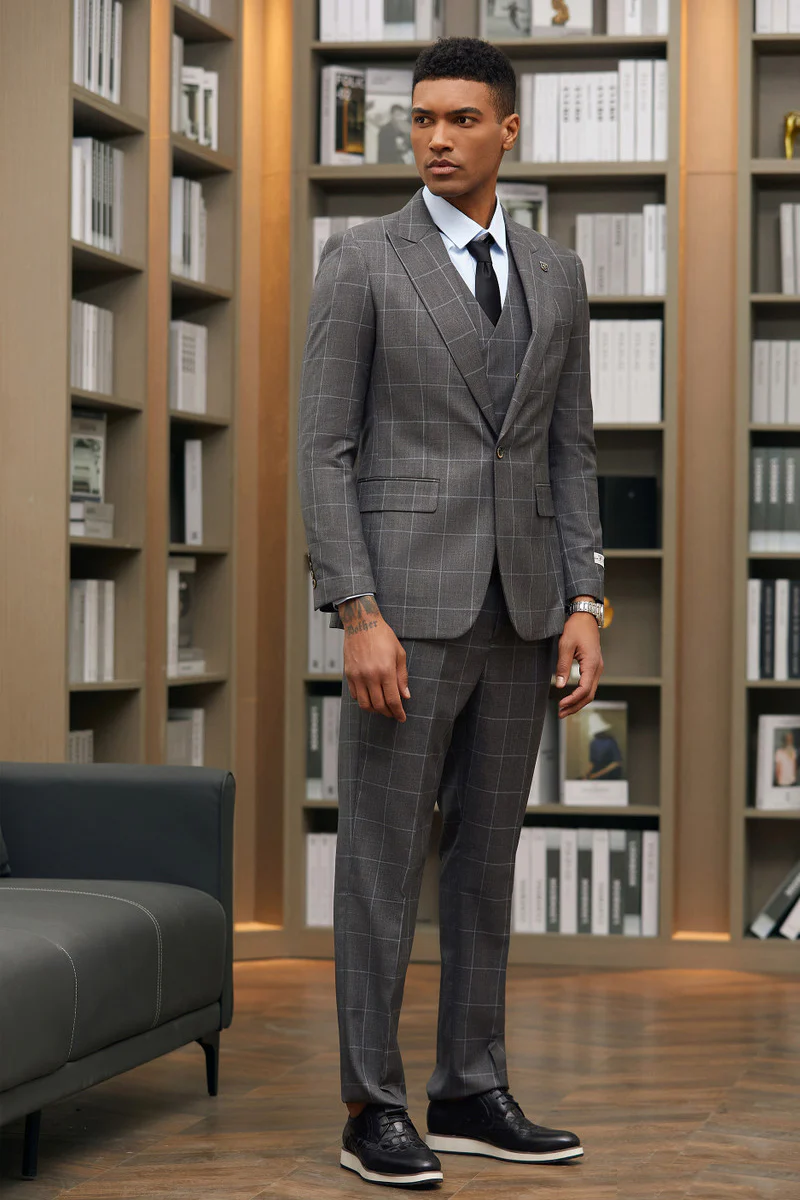 Men's Stacy Adams One Button Peak Lapel Suit with Double Breasted Vest in Charcoal Windowpane - Image 2