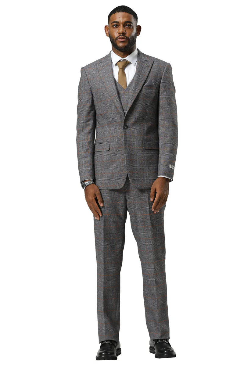 Men's Stacy Adams One Button Peak Lapel Suit With Double Breasted Vest in Grey Glen Plaid - Image 2