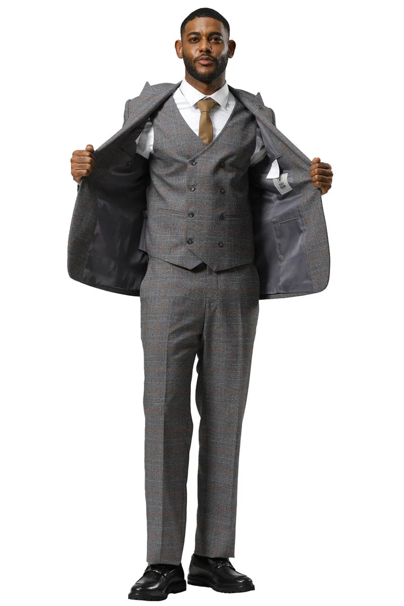 Men's Stacy Adams One Button Peak Lapel Suit With Double Breasted Vest in Grey Glen Plaid - Image 3