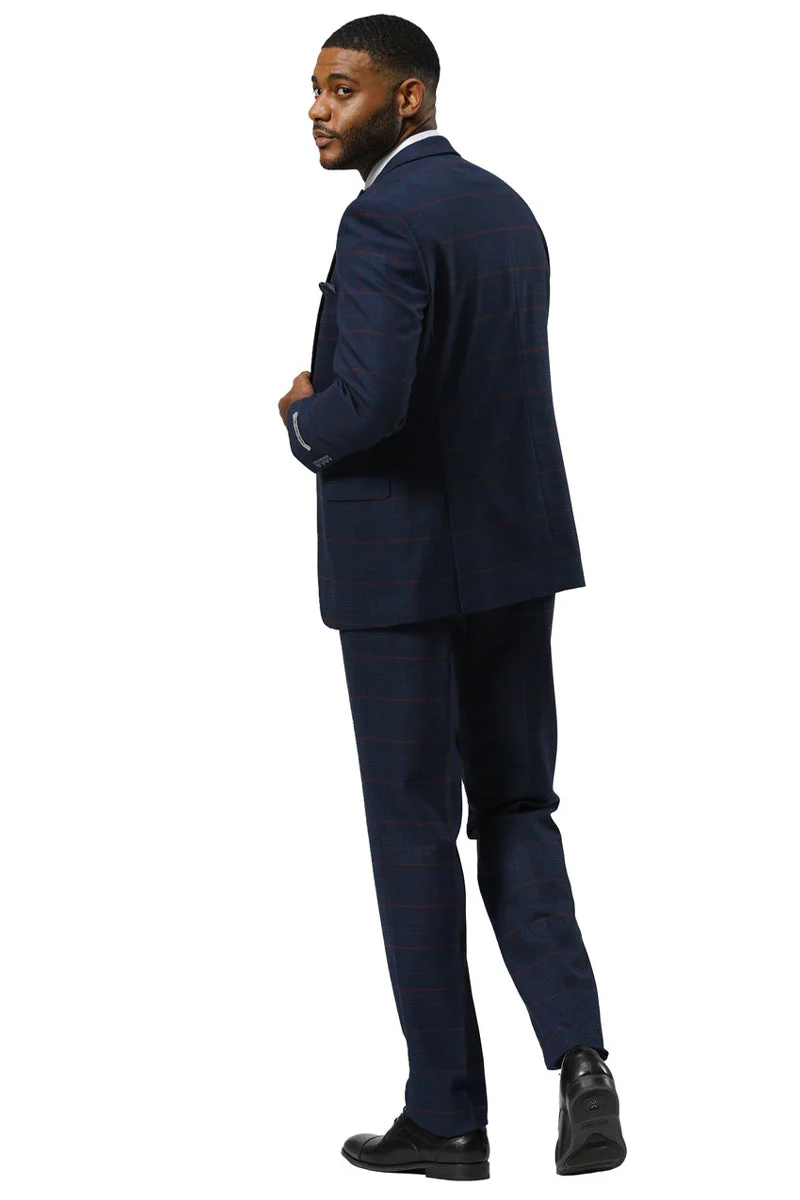 Men's Stacy Adams One Button Peak Lapel Suit With Double Breasted Vest in Navy Glen Plaid - Image 6