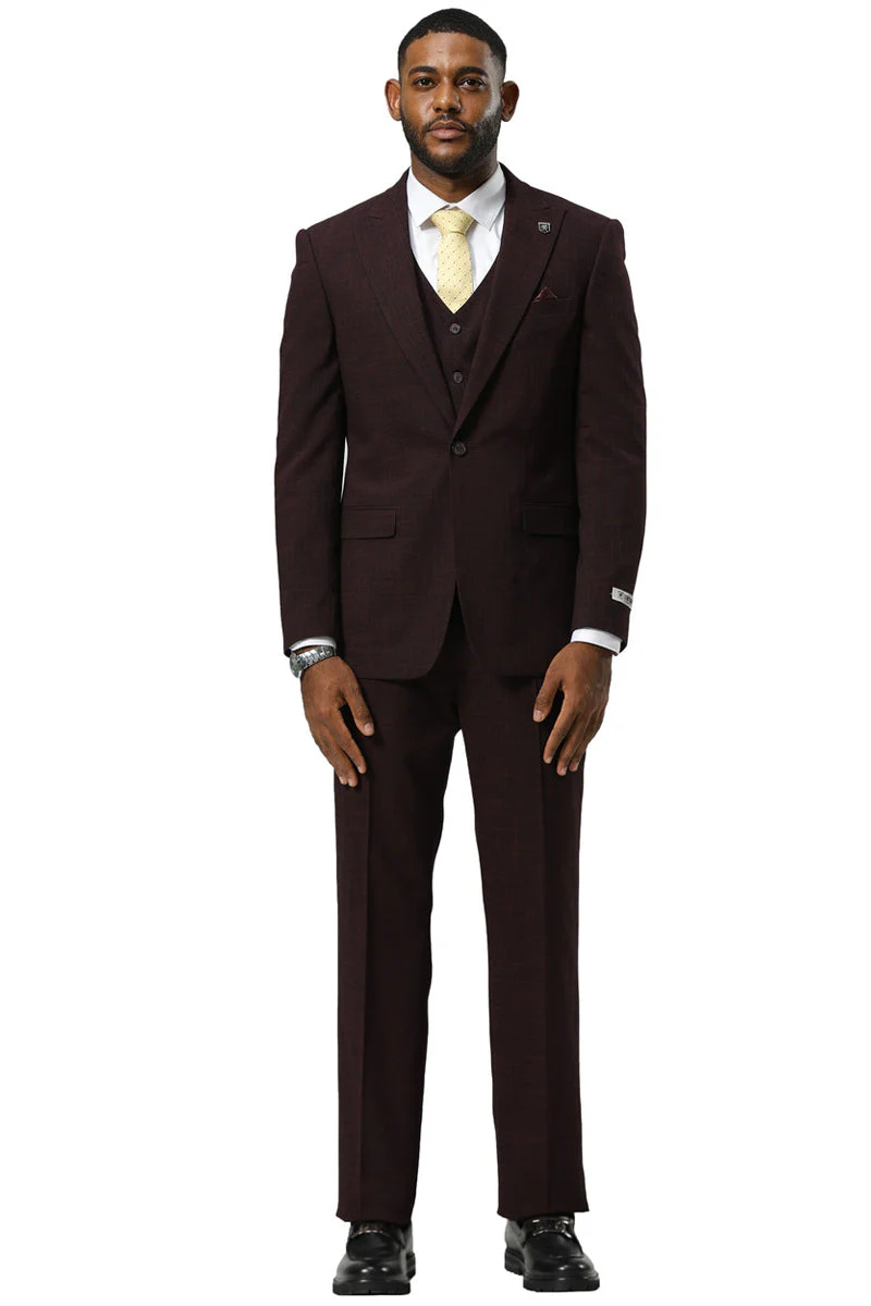 Men's Stacy Adams One Button Peak Lapel Vested Sharkskin Suit in Burgundy - Image 2