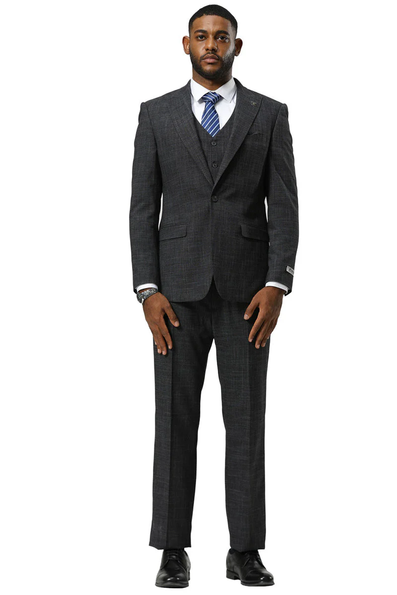 Men's Stacy Adams One Button Peak Lapel Vested Sharkskin Suit in Charcoal - Image 2