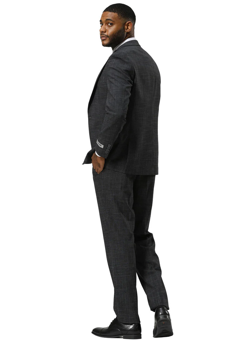 Men's Stacy Adams One Button Peak Lapel Vested Sharkskin Suit in Charcoal - Image 4