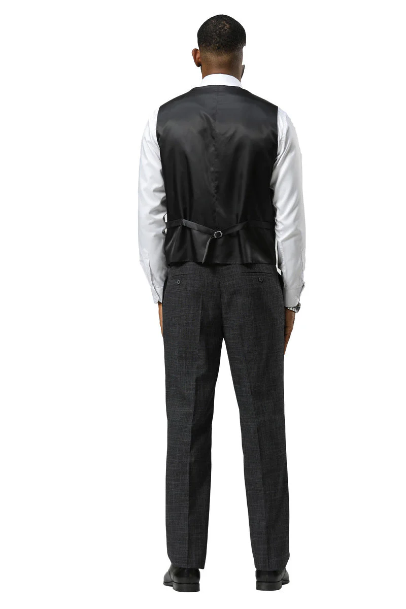 Men's Stacy Adams One Button Peak Lapel Vested Sharkskin Suit in Charcoal - Image 7