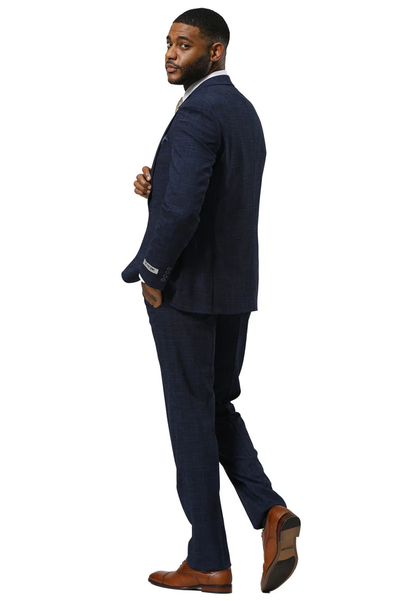 Men's Stacy Adams One Button Peak Lapel Vested Sharkskin Suit in Navy - Image 4