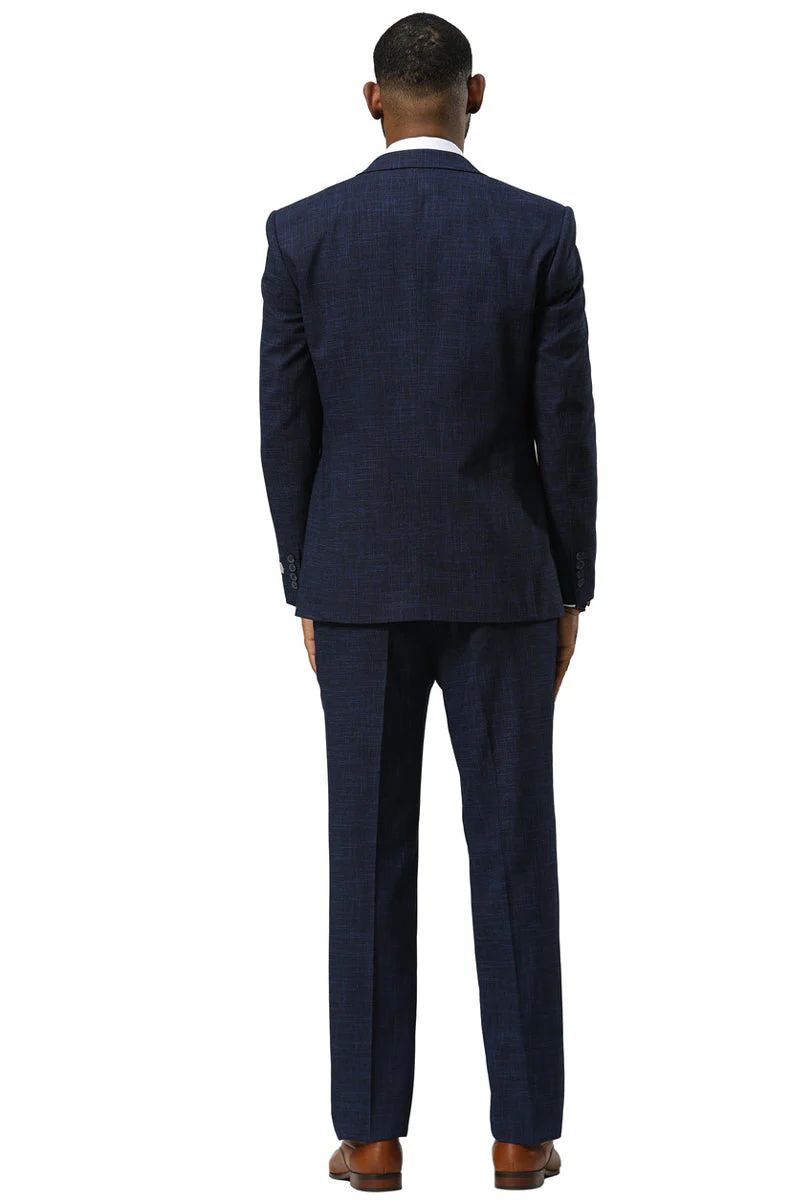Men's Stacy Adams One Button Peak Lapel Vested Sharkskin Suit in Navy - Image 7