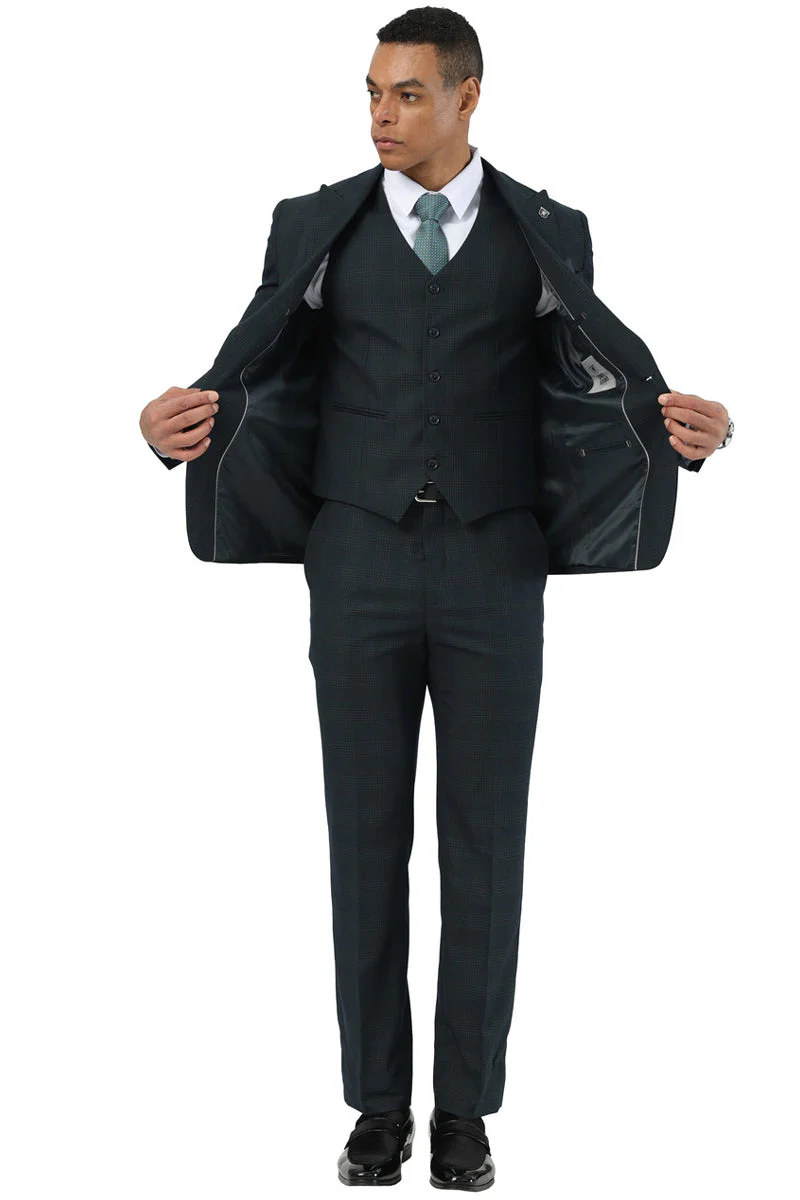 Men's Stacy Adams One Button Peak Lapel Vested Suit in Dark Hunter Green Plaid - Image 3