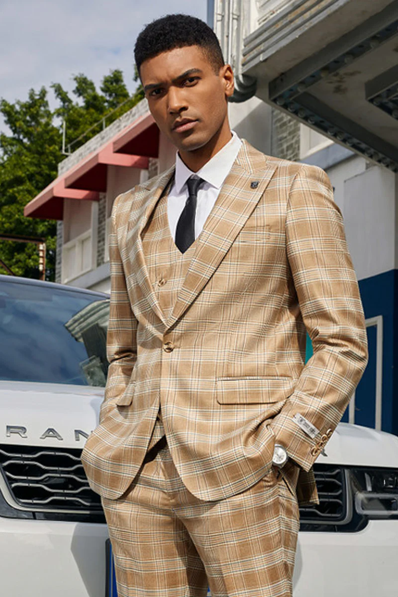 Men's Stacy Adam's One Button Peak Lapel Vested Suit in Light Tan Glen Plaid