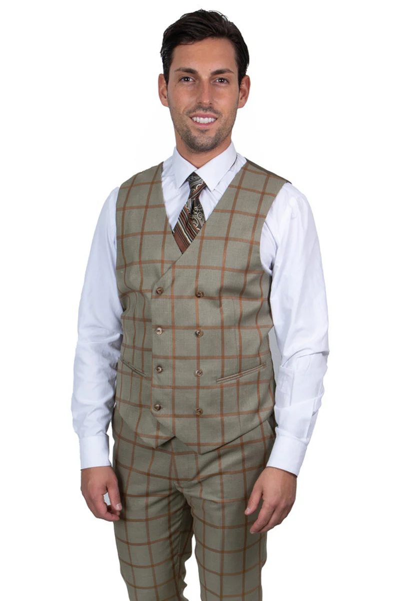Men's Stacy Adams One Button Peak Lapel Vested Suit in Tan & Gold Windowpane Plaid - Image 3