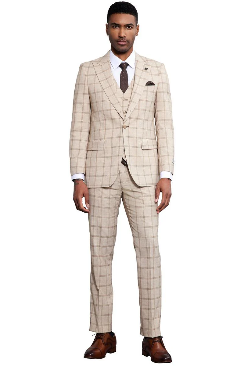 Men's Stacy Adams One Button Peak Lapel Vested Windowpane Plaid Suit in Tan - Image 2