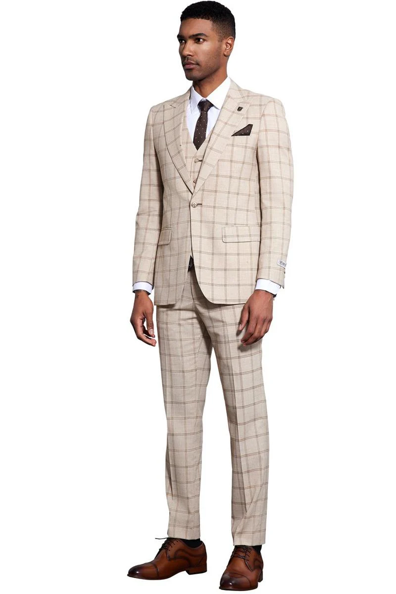 Men's Stacy Adams One Button Peak Lapel Vested Windowpane Plaid Suit in Tan - Image 5