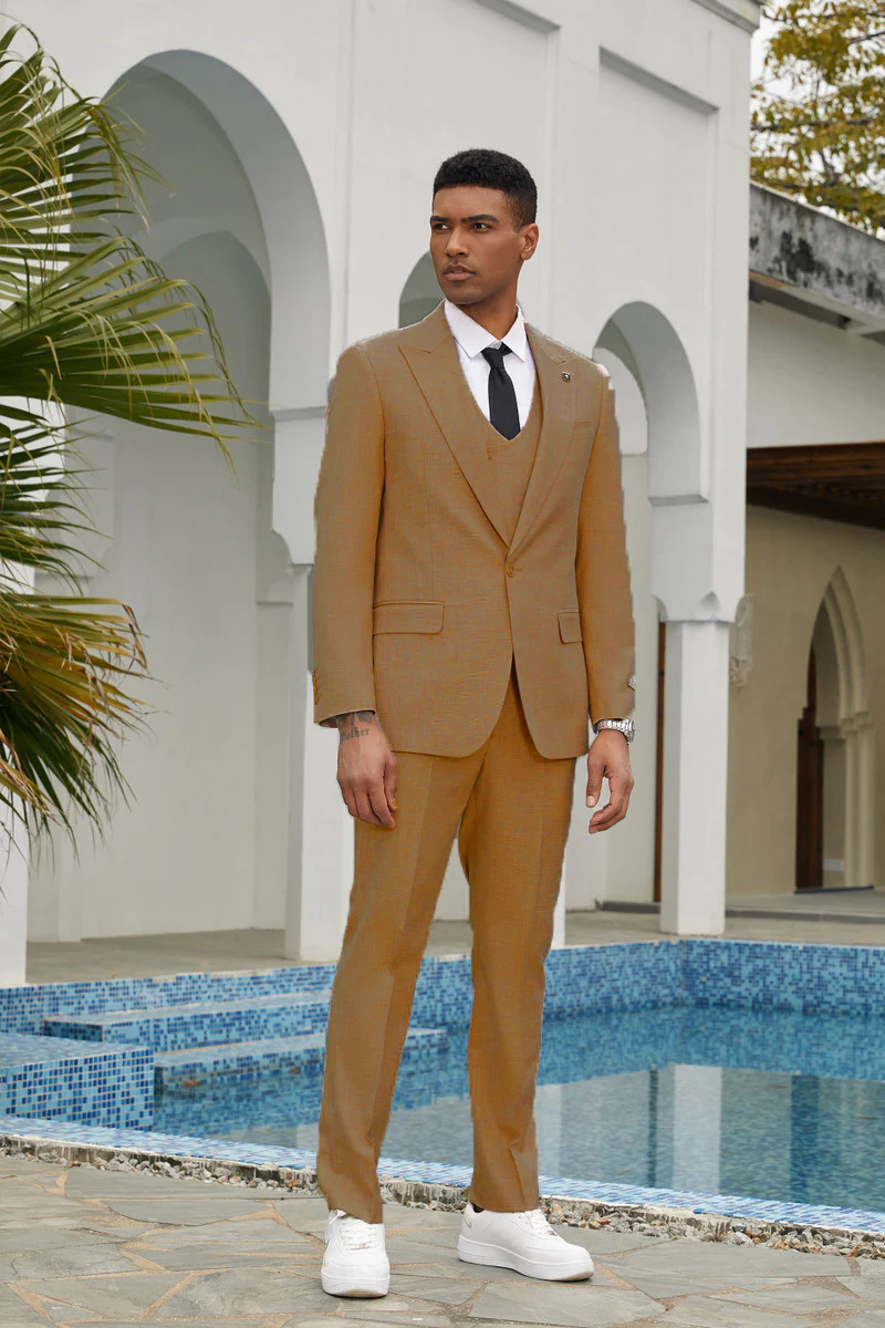 Men's Stacy Adam's One Button Summer Suit in Khaki with Double Breasted Vest - Image 2
